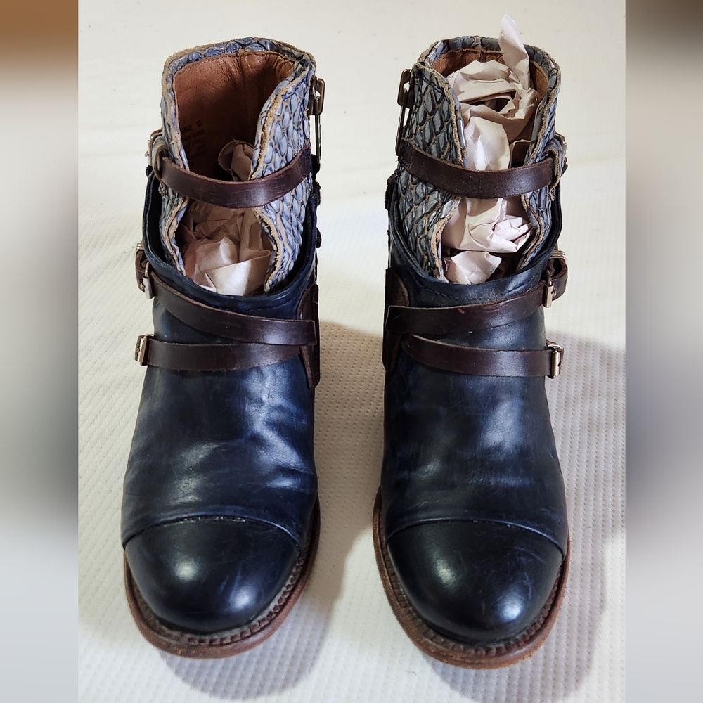 Freebird by Steven Navy & Brown Embossed Leather Ankle Booties - Picture 4 of 9